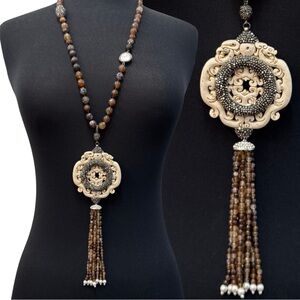 NEW Chico's Brown and Cream Beaded Necklace with Ornate Pendant
